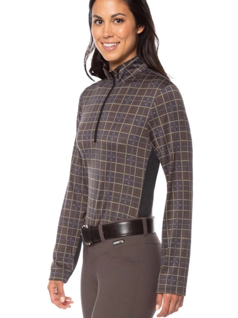 Kerrits Ice Fil Lite Riding Print Plaid Quarter-Zip Top Equestrian LS Top